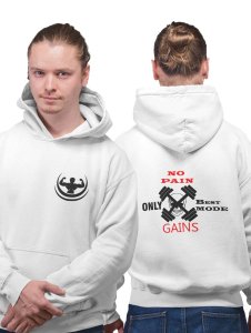 No Pain, Only Beat Mode Gains, (Red and Black Text) printed artswear white hoodies for winter casual wear specially for Men