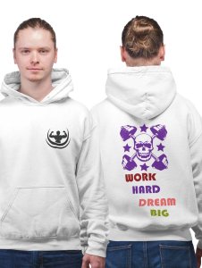 Work Hard, Dream Big, Violet Skull printed artswear white hoodies for winter casual wear specially for Men