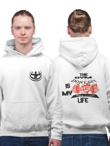 The Gym Is My Life, Don't Sit, Get Fit printed artswear white hoodies for winter casual wear specially for Men