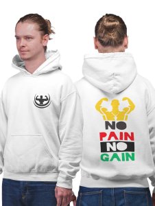 No Pain, No Gain, ( Red, White, Black and Green Text) printed artswear white hoodies for winter casual wear specially for Men