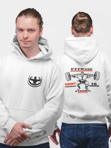 Fitness Strong, Man Lifitng Weights printed artswear white hoodies for winter casual wear specially for Men