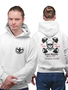 No Pain, No Gain, Best Mode, Skull Fit, Fitness Claus printed artswear white hoodies for winter casual wear specially for Men