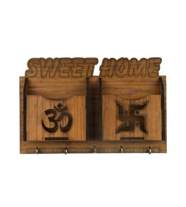 Om and swastika based hanging wooden keystand/ key rack for home and office walls