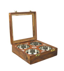 Sheesam wooden dry handcrafted dry fruit box/ container with 4 steel bowls(four sections)