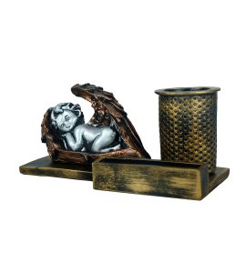 Metal prime functional sleeping baby cupid with wings desk organiser /pen container for study table and office table