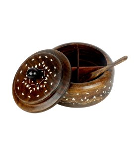 Wooden vintage round spicebox/ spices container with a lid and spoon for Kitchen(4 gaps)