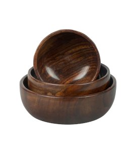 Artisanal classic round wooden handcrafted smooth bowl /wati for kitchen purpose (Set of 3)