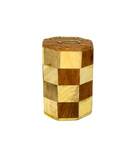 Handcrafted cylindrical wooden honey comb striped money bank/ gullak /coin storage bank for kids with coin slot