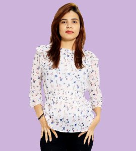 Squeeshed stomach, blue flowers floral womens printed top (white) - Made up of Rayon for your plesant and cozy