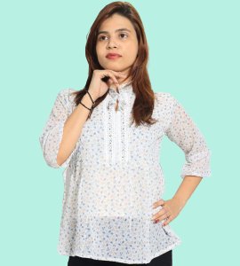Blue buds floral womens printed top (white) - Made up of Rayon for your plesant and cozy