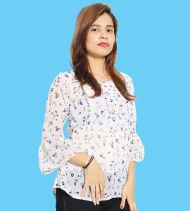 Red and blue tulips floral womens printed top (white) - Made up of Rayon for your plesant and cozy