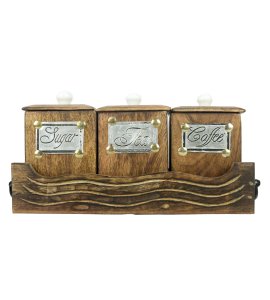 Wooden three salt and pepper keepers/ containers/ jars/ salt boxes with a wooden tray for kitchen and dining table