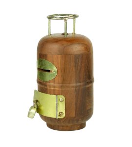 Durable handcrafted wooden cylindrical money bank or gullak with a coin slot for childrens