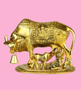 Golden metal Kamdhenu Cow with Calf and litttle krishna for home and puja ghar decor