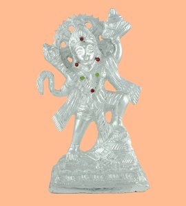 Brass metal silver handcrafted standing Lord Hanuman idol with sun chakra for home & puja ghar