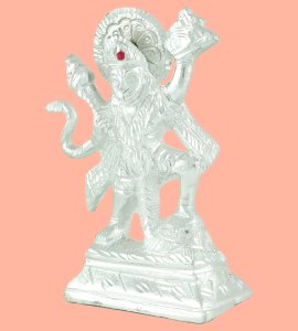 Brass metal silver standing Lord Hanuman idol with a circle chakra for home & puja ghar