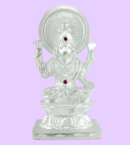 Brass metal silver goddess lakshmi idol/ murti (Red gemstones) for home and puja ghar