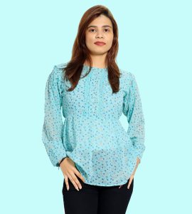 Thread blue circles floral womens printed top (sky blue top) - Made up of Rayon for your plesant and cozy