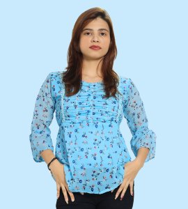 Tiny blue flowers floral womens printed top (sky blue top) - Made up of Rayon for your plesant and cozy