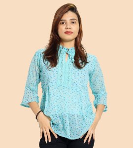 Orange Blue Tulips floral womens printed top (sky blue top) - Made up of Rayon for your plesant and cozy