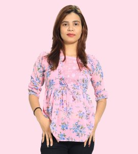 Blue flowers floral printed womens top (pink top) - Made up of Rayon for your plesant and cozy