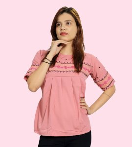 Two black parallel lines, pink flowers floral printed womens top (pink top) - Made up of Rayon for your plesant and cozy