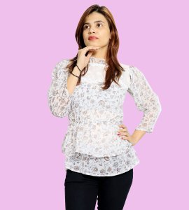 Greyish flower blossom floral womens printed top (white) - Made up of Rayon for your plesant and cozy
