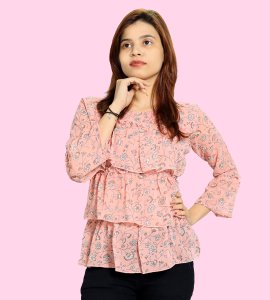 Wheatish flowers with stems floral printed womens top (peach top) - Made up of Rayon for your plesant and cozy