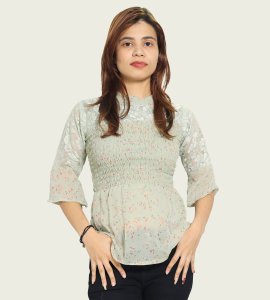 Three quarter net hand floral womens printed top (light green top) - Made up of Rayon for your plesant and cozy