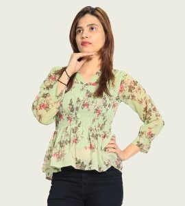 Red flowers floral womens printed top (light green top) - Made up of Rayon for your plesant and cozy