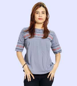 Red circles, black vertical parallel lines printed womens top (purple top) - Made up of Rayon for your plesant and cozy