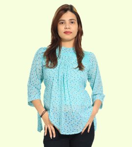 Orange blue tulips floral womens printed top (sky blue top) - Made up of Rayon for your plesant and cozy