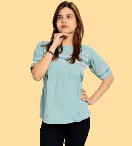 Blue circles, two vertical parallel lines womens printed top (sky blue top) - Made up of Rayon for your plesant and cozy