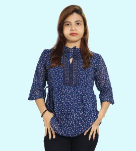 Blue orange infinite buds floral printed womens top (Navy blue) - Made up of Rayon for your plesant and cozy