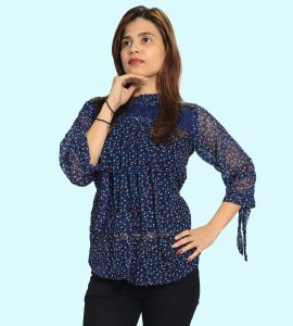 Blue orange infinite buds, net in sleeves floral printed womens top (Navy blue) - Made up of Rayon for your plesant and cozy