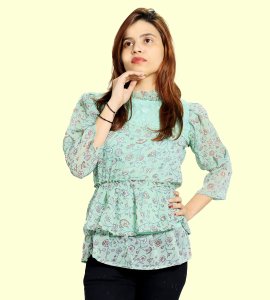 Wheatish flower, squeezed center floral womens printed top (aqua marine top) - Made up of Rayon for your plesant and cozy