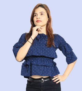 White potka dots, squeezed in center floral womens printed top (dark blue top) - Made up of Rayon for your plesant and cozy