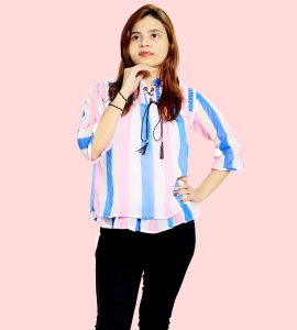 Blue, White and pink wider vertical lines printed womens top (pink top)  - Made up of Rayon for your plesant and cozy