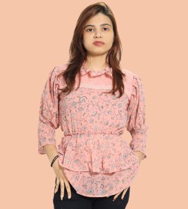 Wheatish flowers, 2 layers floral printed womens top (peach top) - Made up of Rayon for your plesant and cozy