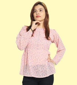 Blue White Tulips floral printed womens top (pink top)  - Made up of Rayon for your plesant and cozy