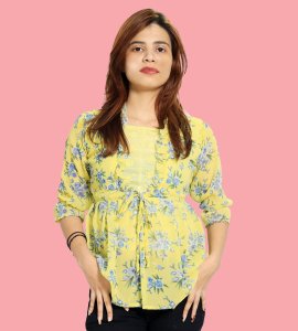 Blue flower floral womens printed top (yellow top) - Made up of Rayon for your plesant and cozy