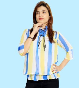 Blue, Yellow, White broad vertical lines womens printed top (yellow top) - Made up of Rayon for your plesant and cozy