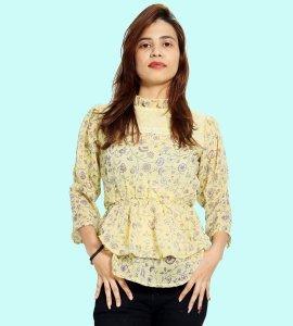 Heart-shaped petals floral womens printed top (yellow top) - Made up of Rayon for your plesant and cozy