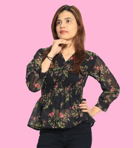 Roses and leaves floral womens printed top (black) - Made up of Rayon for your plesant and cozy