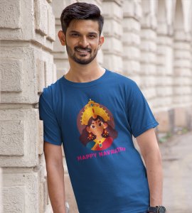 Durga maa animation printed unisex adults round neck cotton half-sleeve blue tshirt specially for Navratri festival/ Durga puja
