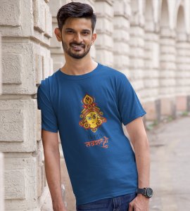 Durga maa face (Yellow) printed unisex adults round neck cotton half-sleeve blue tshirt specially for Navratri festival/ Durga puja