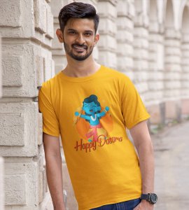 Happy Dasara printed unisex adults round neck cotton half-sleeve yellow tshirt specially for Navratri festival/ Durga puja