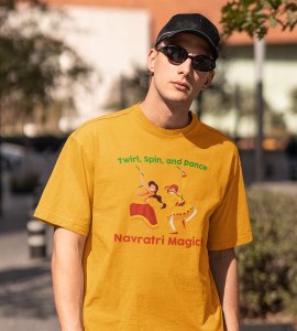 Navratri magic printed unisex adults round neck cotton half-sleeve yellow tshirt specially for Navratri festival/ Durga puja