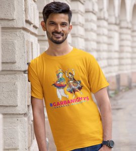 Garba couple potrait printed unisex adults round neck cotton half-sleeve yellow tshirt specially for Navratri festival/ Durga puja