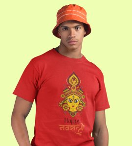 Happy Navratri (yellow) printed unisex adults round neck cotton half-sleeve red tshirt specially for Navratri festival/ Durga puja